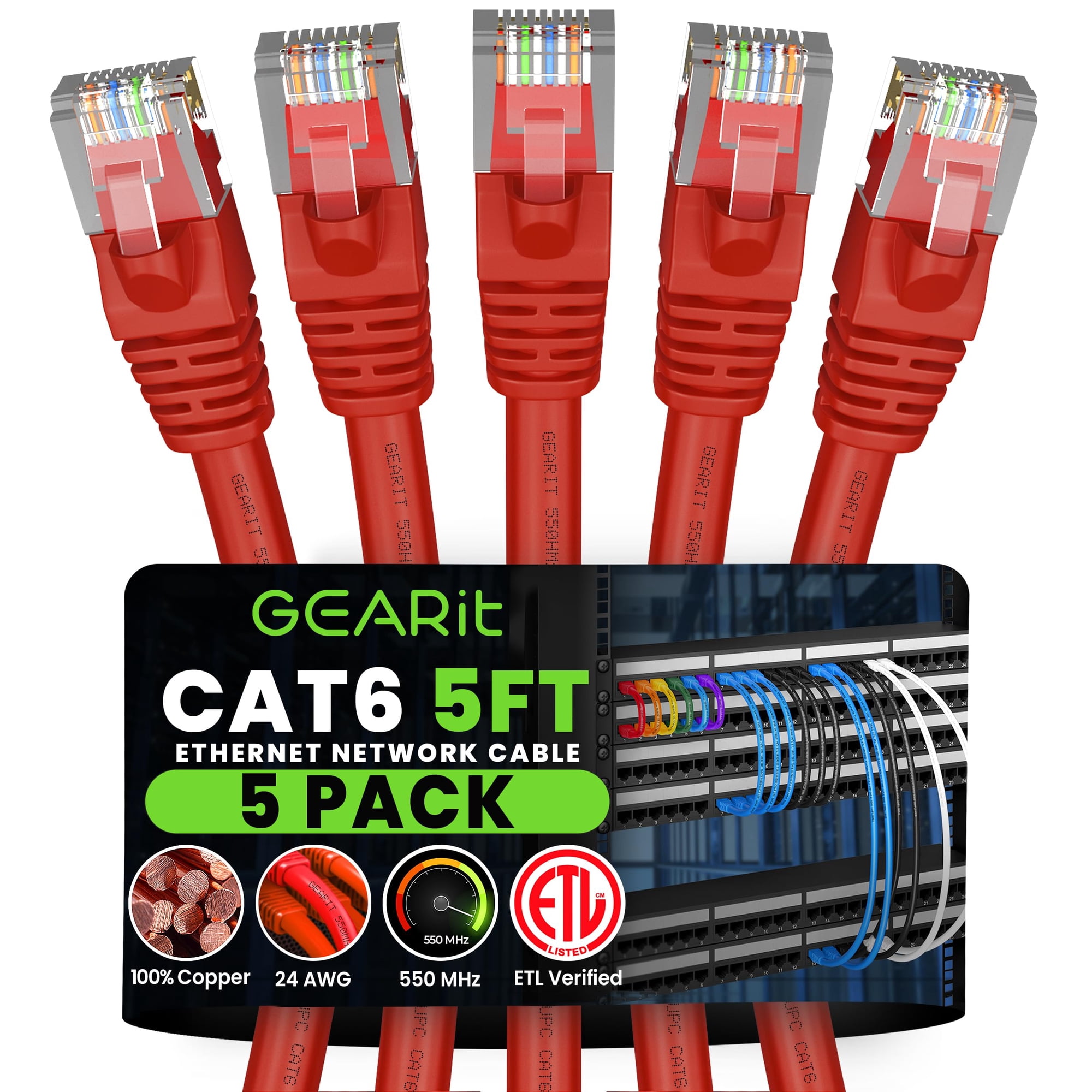 Cable Ethernet Gearit Cat 6 (paquete De 5, 1,5 M), 10 Gbps Rj45, Rojo
