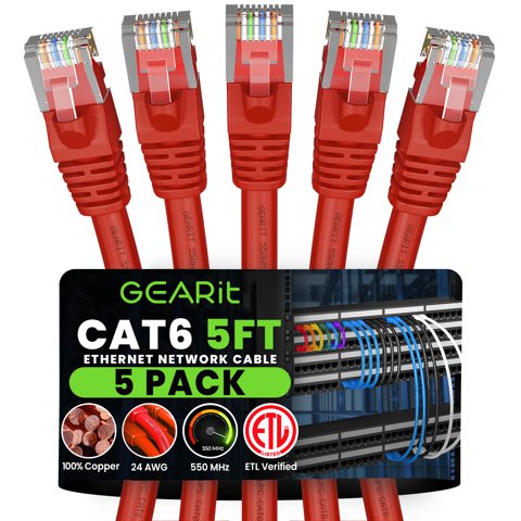 Cable Ethernet Gearit Cat 6 (Paquete De 5, 1,5 M), 10 Gbps Rj45, Rojo