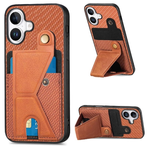 Funda Resistente para iPhone 16 con Tarjetero y Soporte, Diseño Magnético Marrón