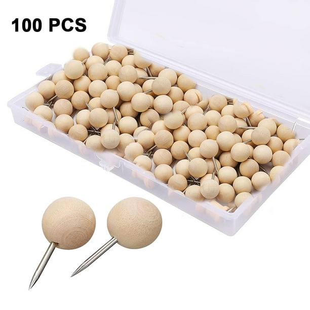100 chinchetas de madera con cabeza redonda, chinchetas de madera con punta de aguja de acero, chinchetas decorativas para mapas, fotos, documentos y tablones de anuncios.
