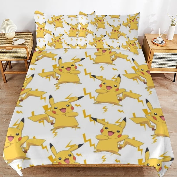 Pi-ka-chu Bed Duvet Cover Microfiber Bedding Sets 3D Printed Lightweight 3 Piece Comforter Sets for Kids Boys Girls