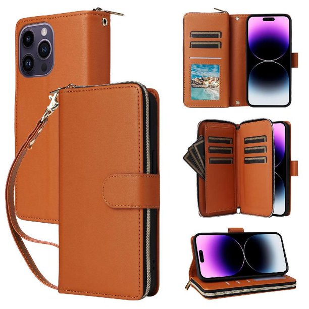 Funda Cartera con Cremallera y Correa para iPhone 14 Pro Max Soporte y Tarjetero Marrón
