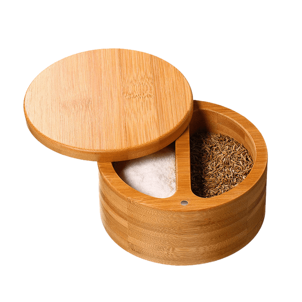 Salero de bambú premium, salero con tapa giratoria magnética - Salero con cuchara