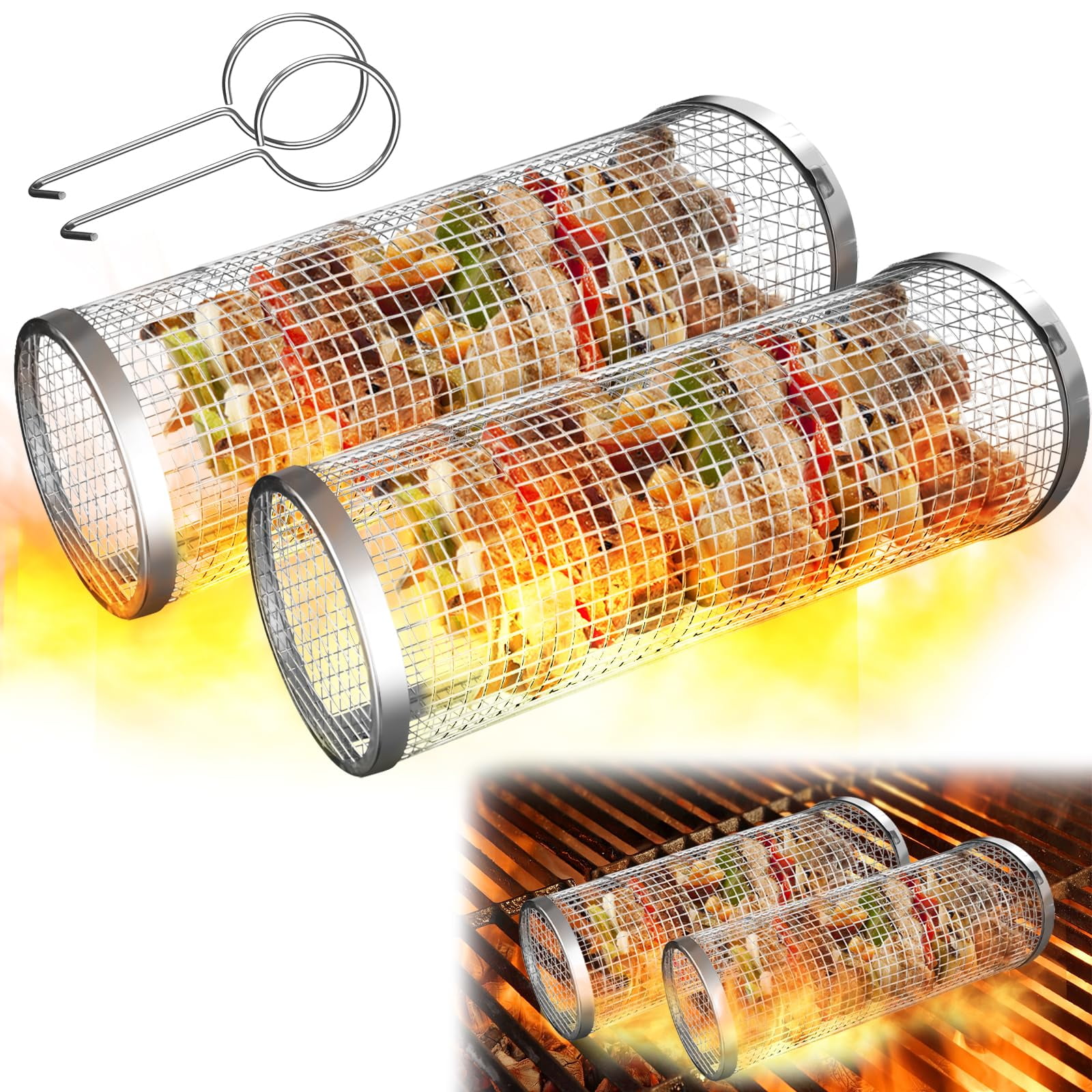 Xusx111 - 2pcs Rolling Grill Cestas Para Parrilla Al Aire Libre, Huevo Accesorios-set Incluye Tenedor, Gancho Y Cepillo De Aceite-304g Acero Inoxidable-regalos Perfectos Para Papá, Camping Debe Tener,