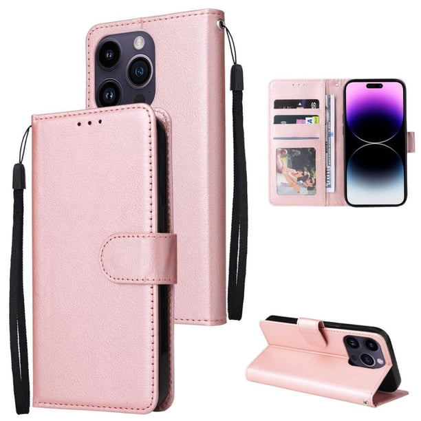 Funda Cartera para iPhone 14 Pro Max con Tarjetero, Soporte y Cordón - Protección Oro rosa