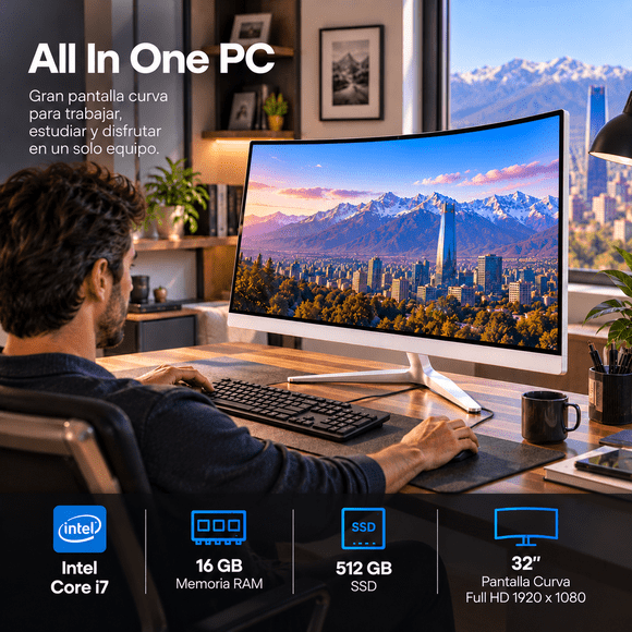 All In One PC Intel Pantalla Curva 32" I7 16gb SSD 512gb FHD 1080p