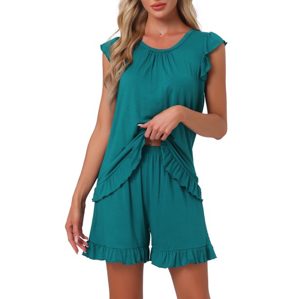 INSPIRE CHIC Conjunto de pijama de mujer con mangas con volantes, suave y transpirable, conjunto de pantalones cortos de viscosa para estar en casa con cintura elástica 2XL Verde oscuro