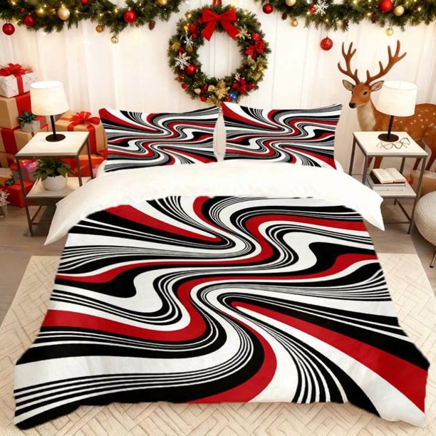with a Hawaiian Style Black White And Red Wavy Pattern This Printed Duvet Cover Set Includes a Soft And Comfortable Bedding Option Suitable for All Seasons