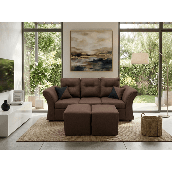Living Horizonte 3 cuerpos + 2 pouf Tela Chocolate