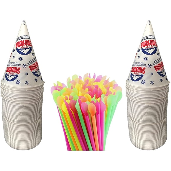 Vasos en forma de cono de nieve con pajitas de neón, 6 onzas, 100 unidades x 2