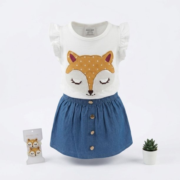Conjunto De Falda + Polera Manga Corta Y Pinches Para Niñas Primavera Verano