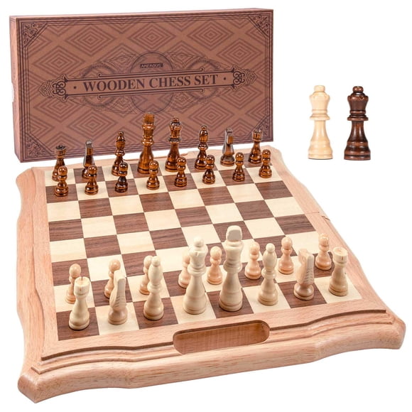 Juego de ajedrez AMEROUS magnético de madera de 15.6 pulgadas con ranuras de almacenamiento