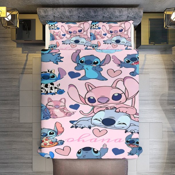 Comforter Set Queen Size Stitch And Angel Set with 2 Pillowcases for All SeasonsBedding Set 3pcs for Kids Boys Girls Bedroom Decor Bed Sheets