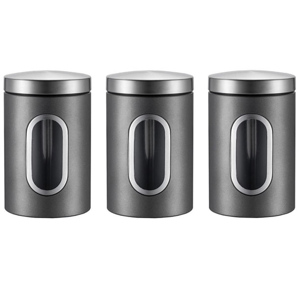Juego de 3 botes de acero inoxidable plateado con ventana de vidrio para enlatar cereales, pasta, azúcar, frijoles y especias.