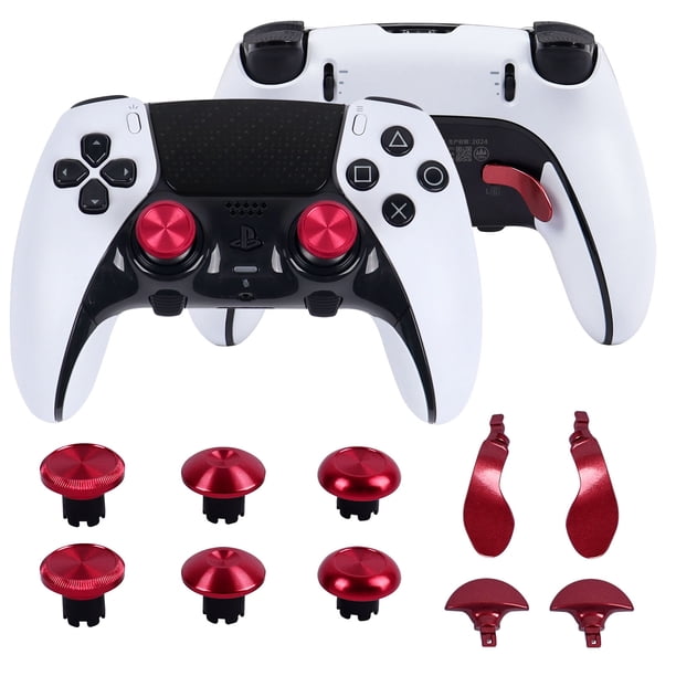 Compatible con el mando Edge de PlayStation 5 - Kit de tapones metálicos para los pulgares, las palancas y los botones traseros de PS5-Rojo