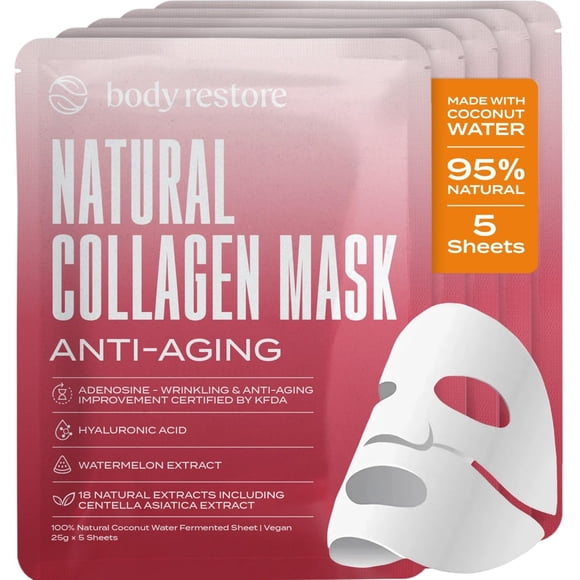 Mascarilla facial Body Restore, colágeno natural, paquete de 5 con agua de coco