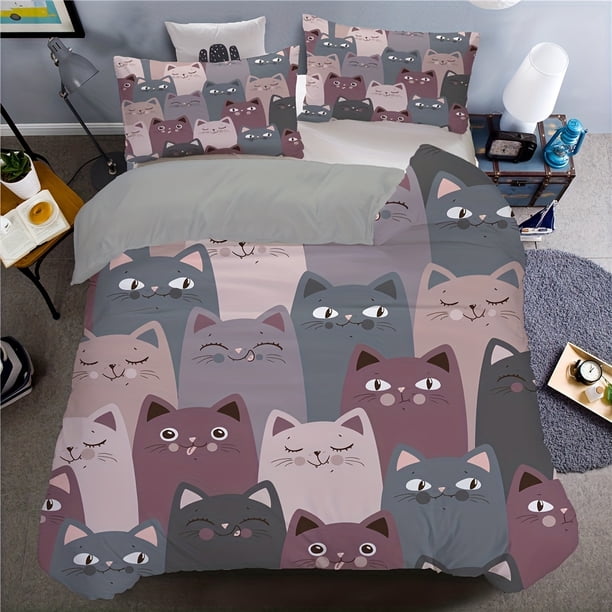 2/3pcs Cute Cartoon Cat Duvet Cover Set - Soft and Cozy Bedding for Bedroom and Guest Room - Includes 1 Duvet Cover and 1/2 Pillowcase (without Core)