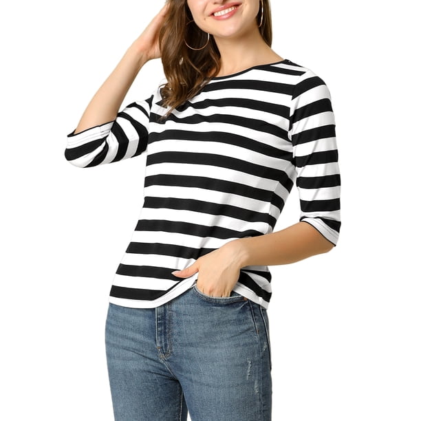 INSPIRE CHIC Camiseta Básica de Mujer con Mangas al Codo Cuello Redondo Ajustada Regreso a Clases Camiseta Casual Estampada Negro Blanco 3XL