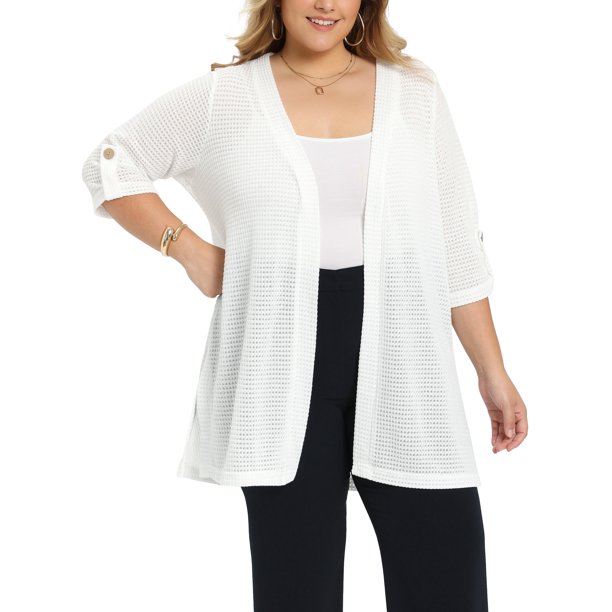 GRACE & GRANDEUR Cárdigan de punto de ganchillo hueco de manga 3/4 con aberturas laterales, talla grande para mujer, ligero, abierto, para escuela o universidad, 1X blanco