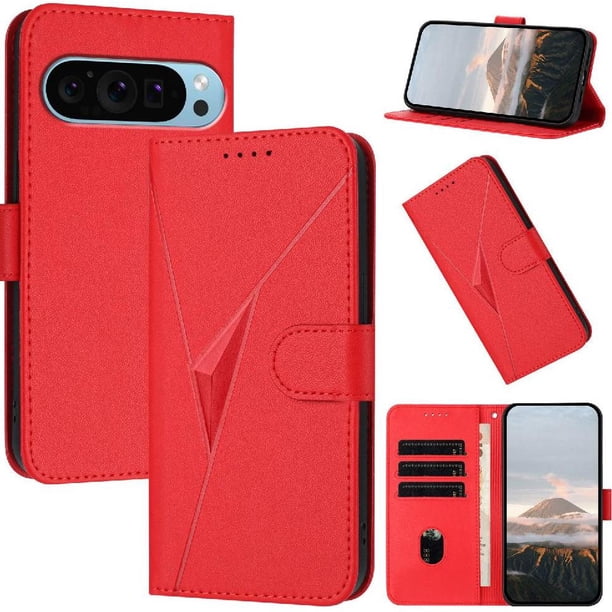Funda Cartera Fibra de Carbono para Google Pixel 9 Pro XL con Soporte y Cierre Magnético Rojo