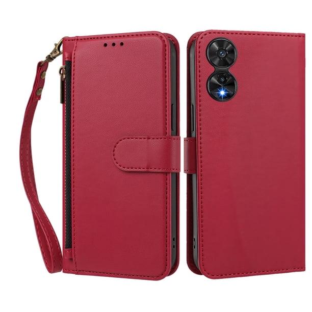 Funda Tipo Billetera para TCL 505 con Soporte y Bolsillo con Cierre Rojo