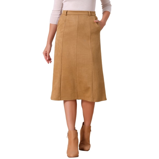 INSPIRE CHIC Falda de Mujer de Gamuza Sintética con Cintura Alta Elástica para Otoño e Invierno, Falda Midi en Línea A con Bolsillos M Marrón