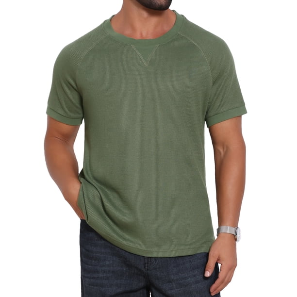 INSPIRE CHIC Camiseta Clásica de Tela de Gofre para Hombre con Cuello Redondo y Mangas Cortas Raglán XL Verde Oliva