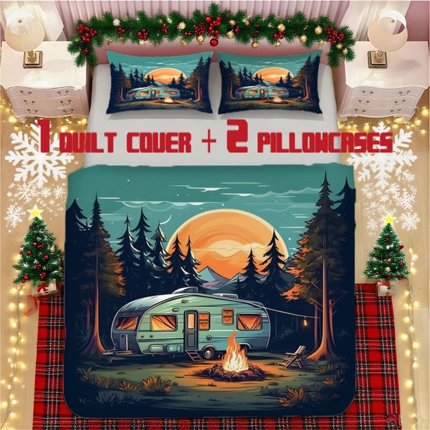 Camping Illustration Soft Printed Bedding Set Polyester Fabric Decorative & Warm