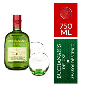 Pack Whisky Buchanans 12 Años 750Ml + 2 Vasos