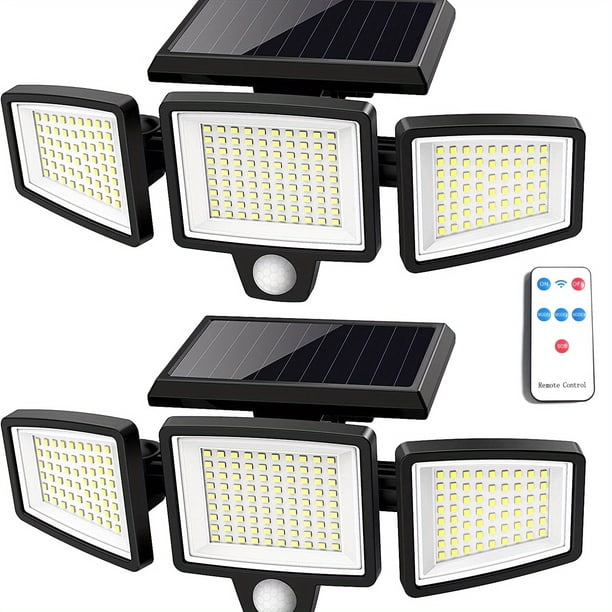 1pc/ 2pcs Solar Outdoor Light, 220 LED 2500LM Safety Floodlight With Motion Sensor, Remote Control, 3 Lighting Modes, 3 Head Outdoor Light, 270° Wide Lighting, IP65 Waterproof Wall Light