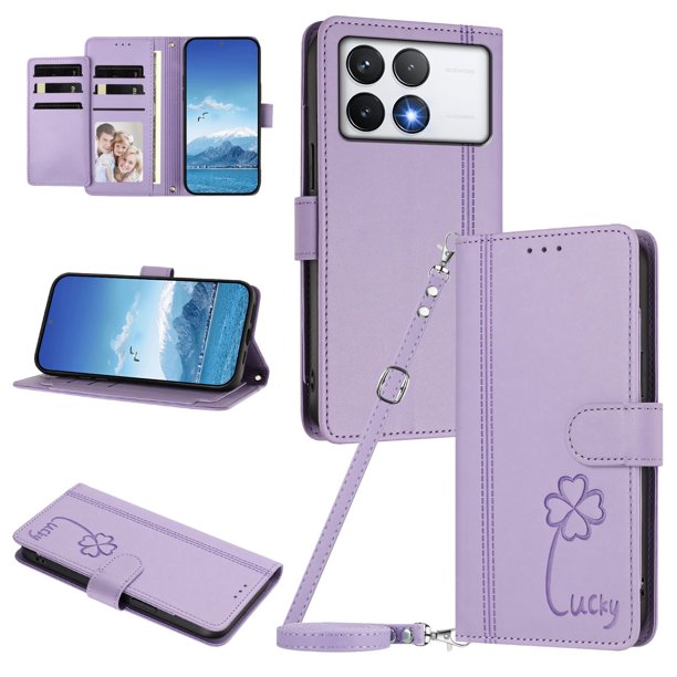 Funda Cartera Trébol para Xiaomi Poco F6 Pro con Ranuras Tarjetas y Carga Inalámbrica Morado claro