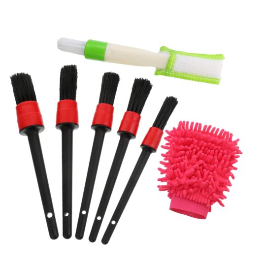 Kit De Cepillos Para Detallado Automotriz Fiocias 7 Piezas Con Guante Rojo