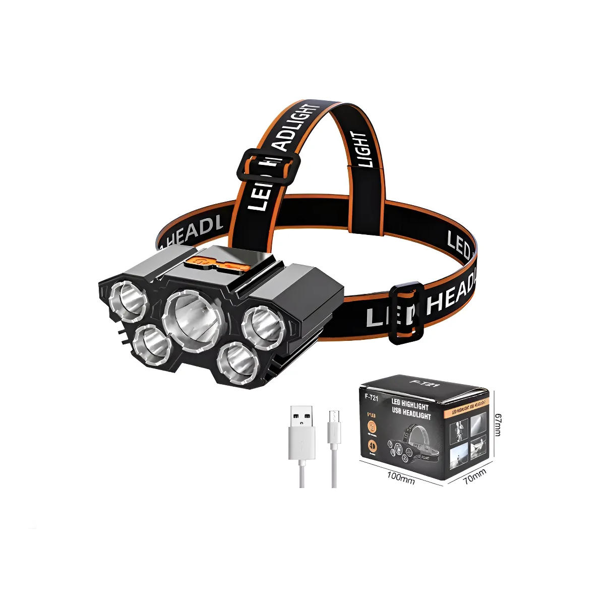 Genérico - Linterna De Cabeza Frontal 5 Leds Recargable Usb 4 Tiempos Blanco Negro