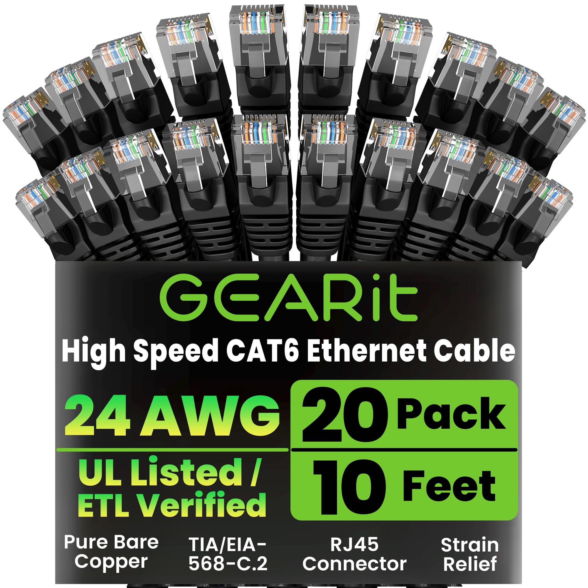 Cable Ethernet Gearit Cat 6, 10 Pies, 20 Unidades, 10 Gbps, Rj45, Negro