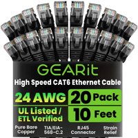 Cable Ethernet Gearit Cat 6, 10 Pies, 20 Unidades, 10 Gbps, Rj45, Negro