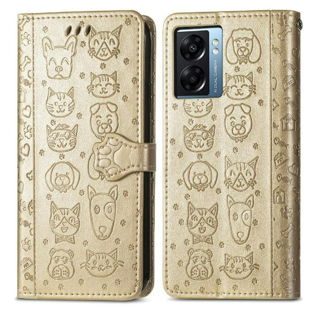 Funda Cartera FOXDOCK para OPPO A57 5G , Flip PU con Relieve de Gatos y Perros, Tarjetero y Soporte