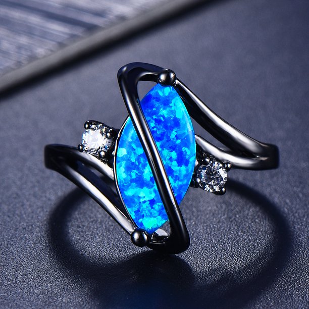 Exquisite Women's Wedding Necklace with Black Gold and Blue Opal Edge - Charming Round Engagement Ring