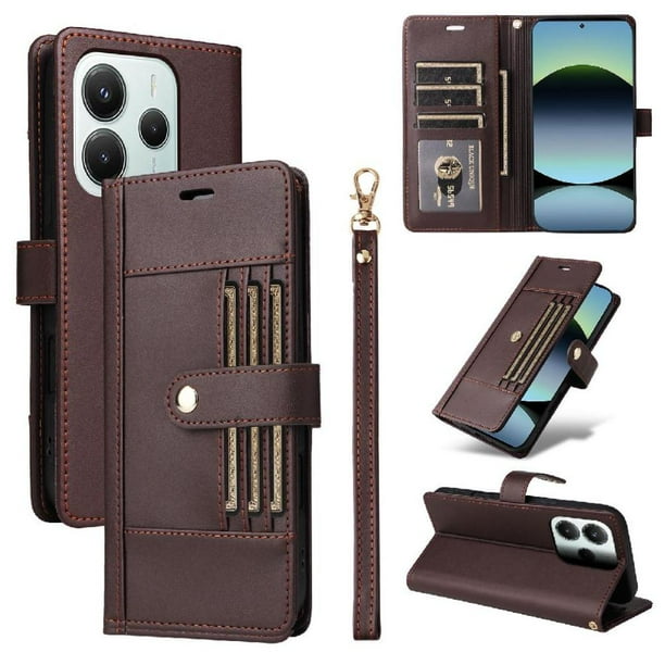 FOXDOCK Funda tipo Cartera para Xiaomi Redmi Note 14 5G – Cubierta de Cuero PU con Múltiples Ranuras, Bolsillo para Efectivo y Correa de Muñeca