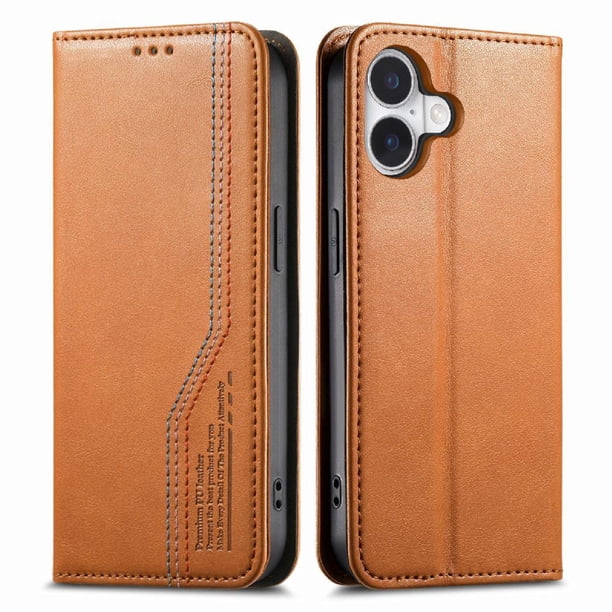 Funda tipo cartera para iPhone 16 de piel con cierre magnético, ranuras para tarjetas y correa para la muñeca Marrón