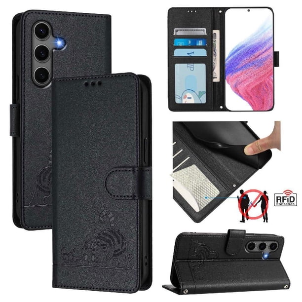 Funda tipo cartera FOXDOCK para Samsung Galaxy S25 Plus con soporte, ranuras, RFID, diseño de gato