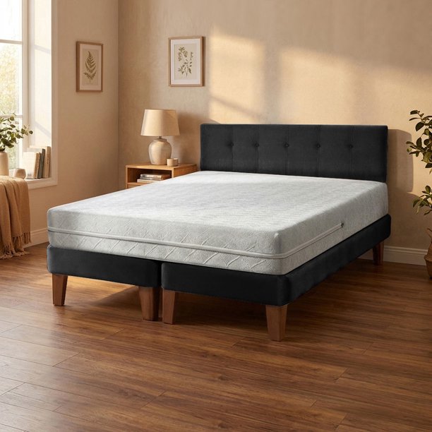 Cama Europea Zen Best 2 Plazas 190 Cm Colchon Espuma Con Funda Velvet Negro + Respaldo