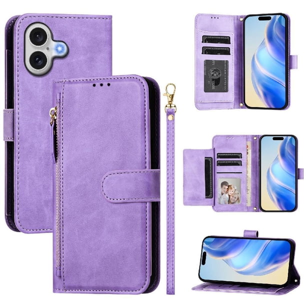 Funda Billetera Cremallera para iPhone 17 con Porta Tarjetas, Soporte y Correa Morado