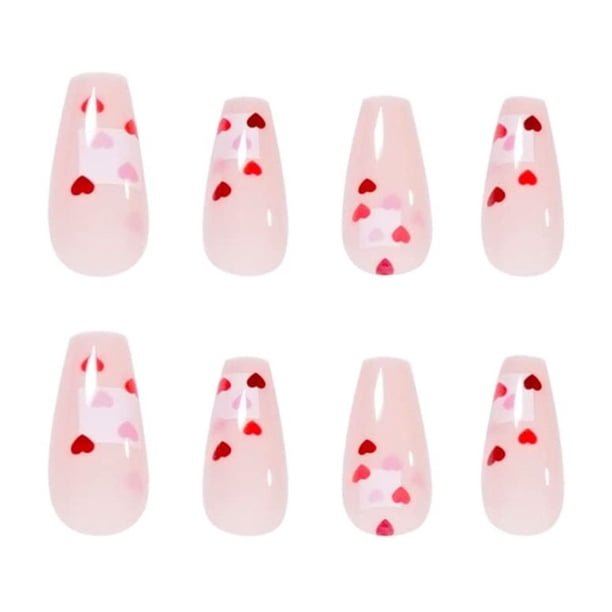 Uñas postizas de longitud media para San Valentín, diseño exquisito de corazón rojo francés, acrílico, decoración de uñas de moda para mujeres y niñas, 24 unidades