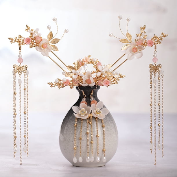 Gorgeous Handmade Chinese Long Faux Pearl Hairpin Earring Tiara Set - Perfect for Weddings & Bridal Headpieces!