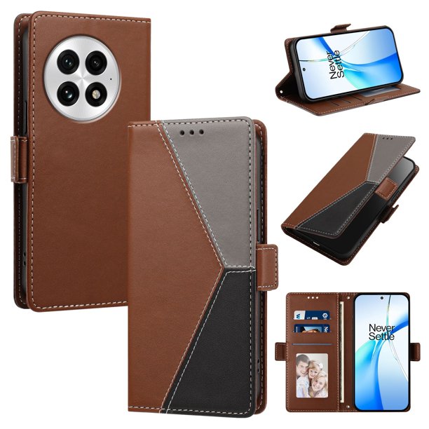 Funda Libro Tricolor para OnePlus 13 con Ranuras para Tarjetas, Marrón
