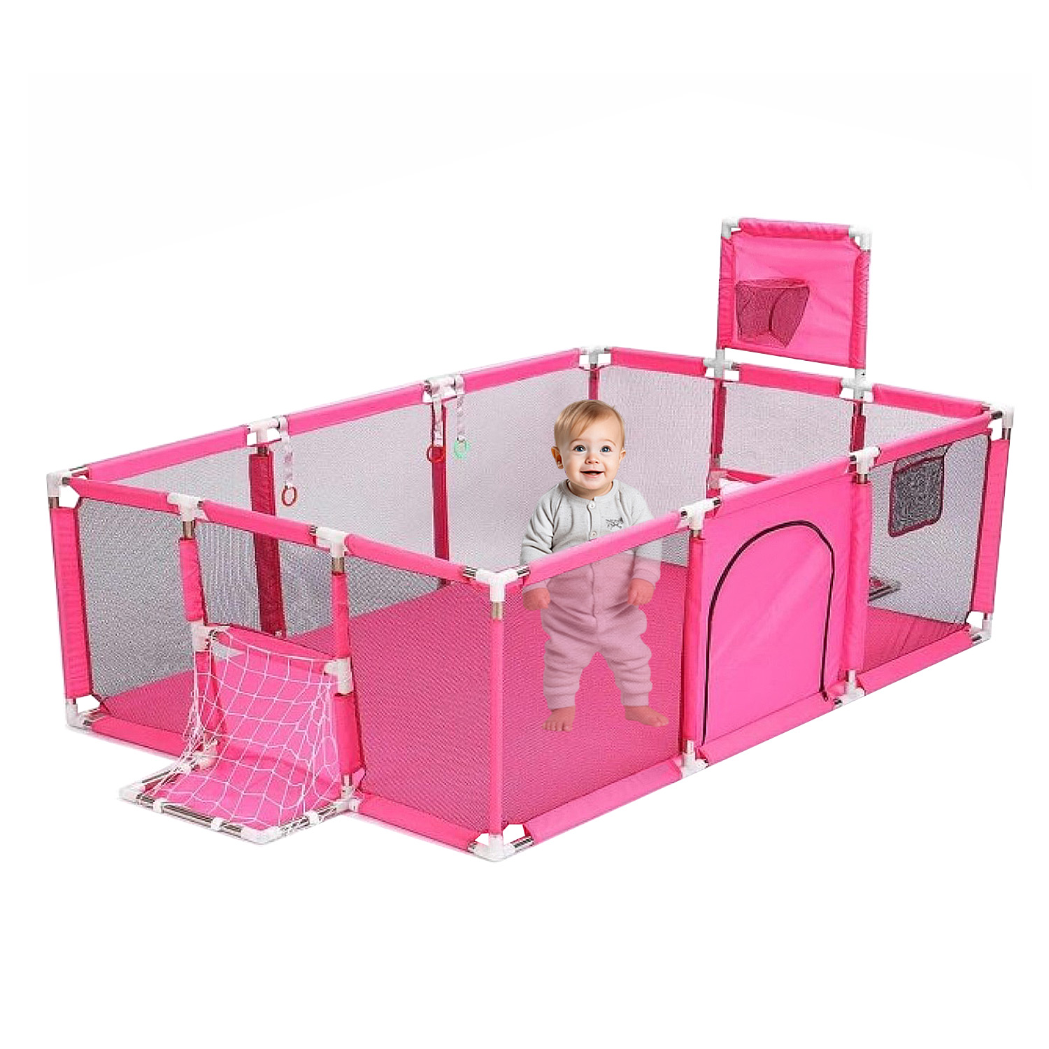 Mundo Online - Corral De Seguridad Bebe 180 Cm. Con Aro Y Arco + 50 Pelotitas Rosado