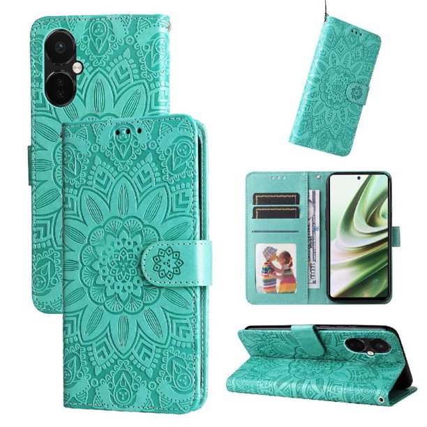 Funda tipo cartera FOXDOCK para OnePlus Nord CE 3 , diseño girasol en relieve, cuero PU, cierre magnético, soporte y tarjetero