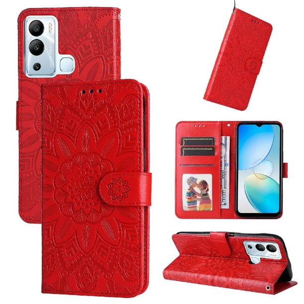 Funda tipo cartera FOXDOCK para Infinix Hot 12i , diseño girasol en relieve, cuero PU, cierre magnético, soporte y tarjetero