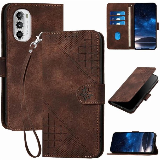 Funda Flip Premium Fibra de Carbono para Motorola MOTO G52 con Soporte y Cierre Marrón
