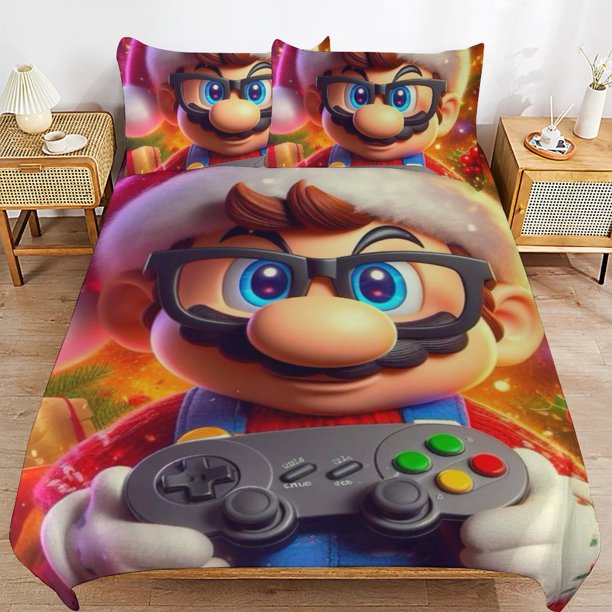 Super Mario 3-Piece Comforter Set for Bedroom Super Mario Bedding Set for Kids Adults Soft Microfiber Duvet Cover Set with Zipper Closure